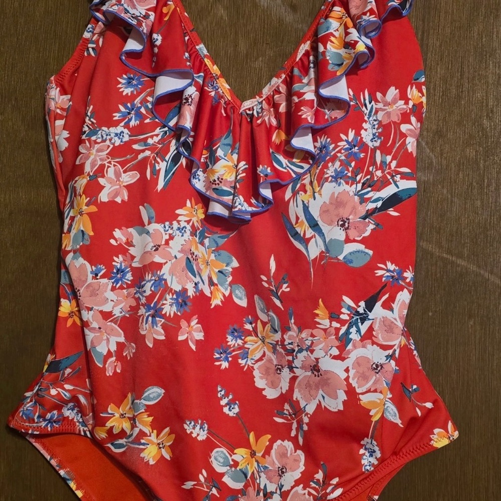 Jessica Simpson Red Floral Ruffle One-Piece Swimsuit